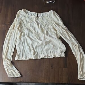 Women's Cream Long-Sleeve Lace Yoke Blouse